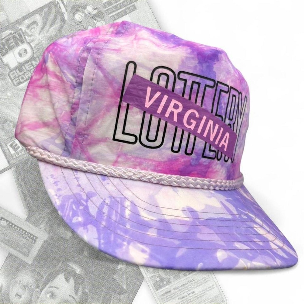 Vintage 80s 90s Virginia Lottery Tie Dye Purple Snapback Hat Head To Toe